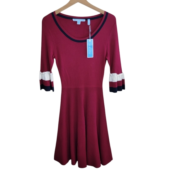 NWT Draper James | Maroon Red Ruffle Bell Sleeve Sweater Dress Size Small - Picture 1 of 8